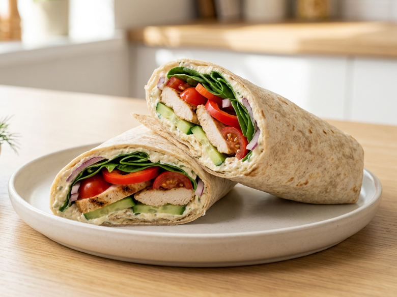 High Protein vajkrémes csirkés tortilla wrap ropogós zöldségekkel