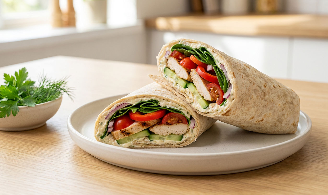 High Protein vajkrémes csirkés tortilla wrap ropogós zöldségekkel