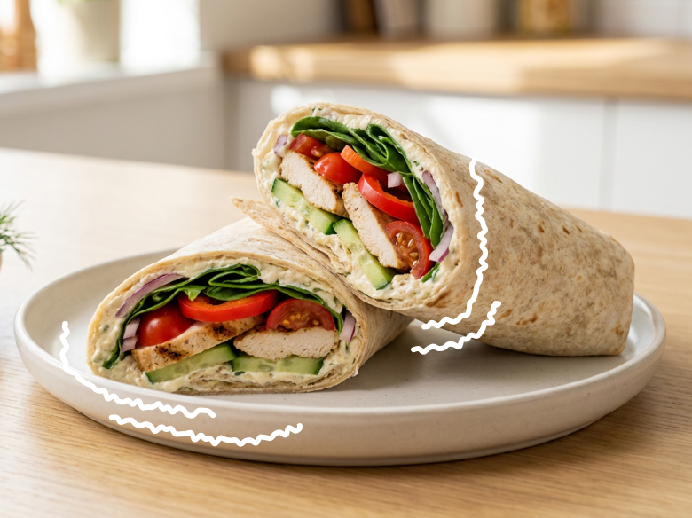 High Protein vajkrémes csirkés tortilla wrap ropogós zöldségekkel