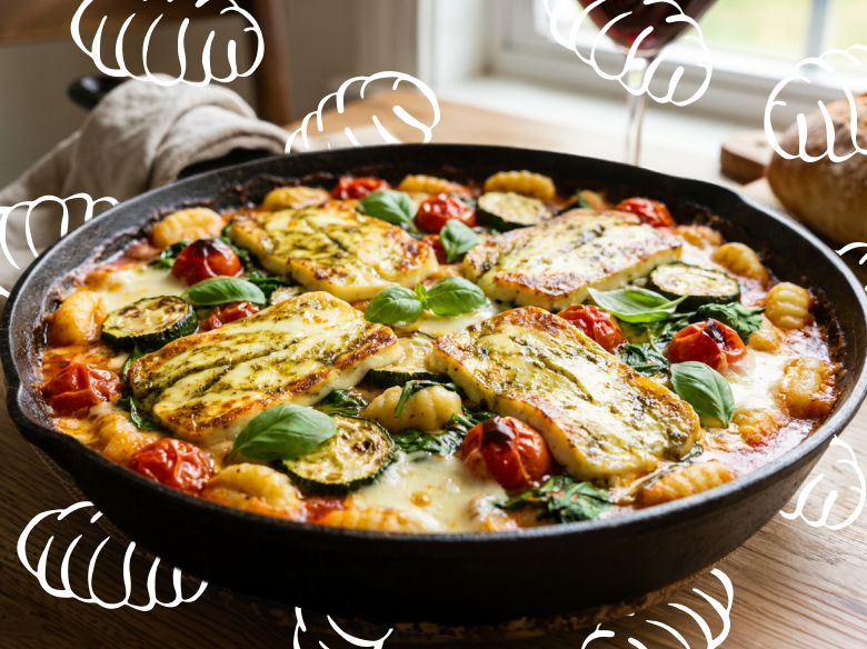 Pesto grillsajtos mediterrán tepsis gnocchi