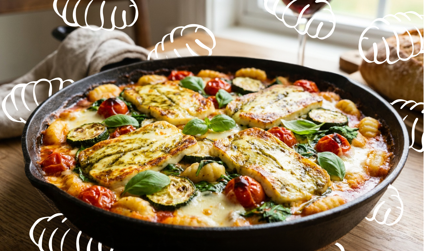 Pesto grillsajtos mediterrán tepsis gnocchi